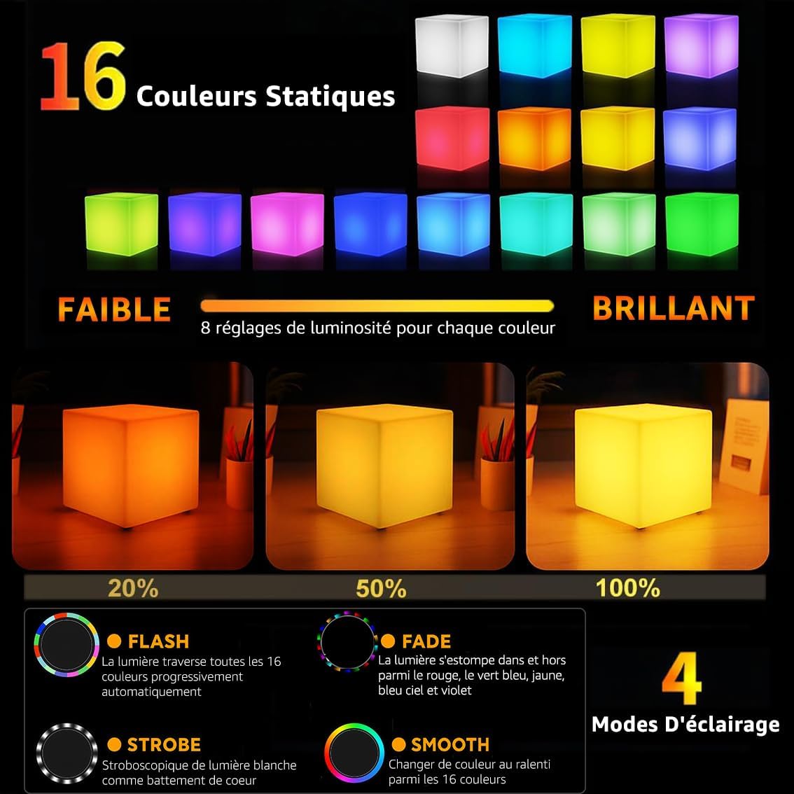 CUBE LUMINEUX LED RGB 20cm A BATTERIE   1er PRIC